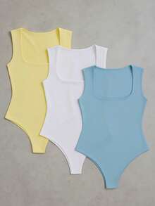 3-Piece Basic Bodysuit, Square Neckline, Wide Straps, Versatile Shapewear, Casual, Suplex, Fashion, Gringa Blogger - 黑黃藍 - 查看 1