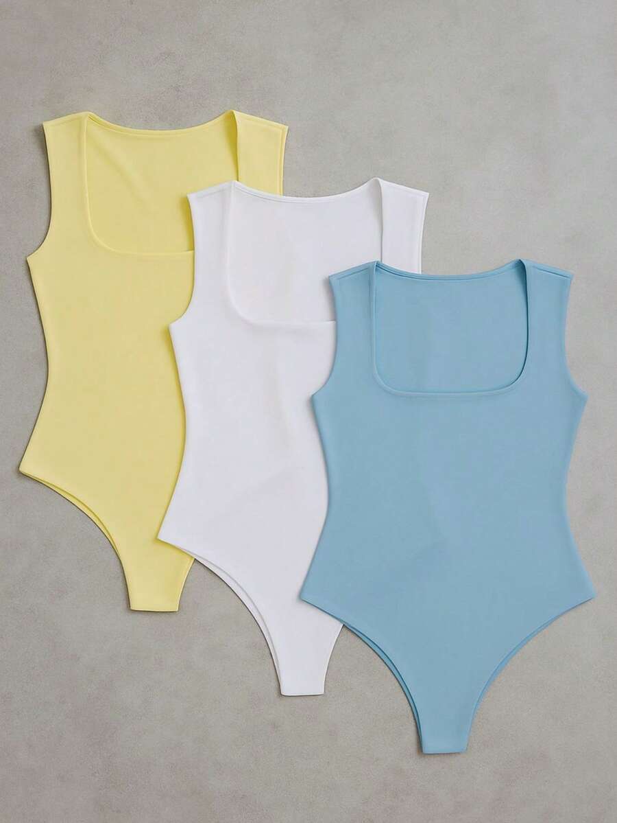 3-Piece Basic Bodysuit, Square Neckline, Wide Straps, Versatile Shapewear, Casual, Suplex, Fashion, Gringa Blogger - 黑黃藍 - 查看 1
