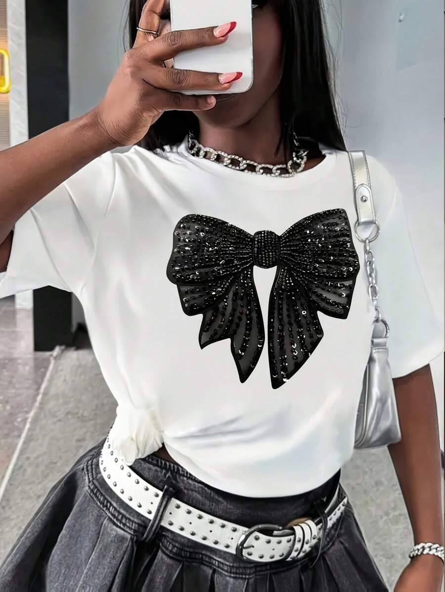 Koszulki damskie,Women'S Casual Crew Neck T-Shirt with Sparkling Black Bow Print, Short Sleeve, Regular Fit, Spring/Summer Top, Tee - Biały - Zobacz 1