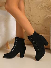 2025 Jesień/Zima Plus Size Europejskie i Amerykańskie Modne Sznurowane Rzymskie Rycerze, Damskie Czarne Kozaki z Wysokim Cholewką, Okrągły Nosek, Grube Wysokie Kozaki - Czarne - Zobacz 6