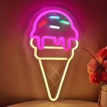 高级冰淇淋甜筒造型 LED 霓虹灯墙饰，饰以糖果碎屑 - 甜品店、糖果店及家居装饰的理想之选 - USB 供电，尺寸：6.46 英寸 x 11.65 英寸 - 玫紅+白色+暖白+綠色+紅色+冰藍 - 查看 5