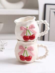 1pc Cute 3D Bowknot & Cherry Ceramic Coffee Mug, Romantic Dotted Yogurt Cup, Water Cup, Unique Creative Milk Cup, Suitable For Afternoon Tea, Daily Afternoon Tea / Best Choice For Girlfriend Gathering
