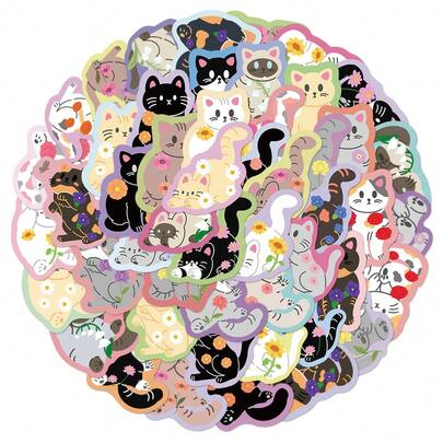 50개 꽃 & 고양이 스티커, 폰 케이스, 노트북, 다이어리, 여행 가방, 헬멧, 자동차, 스케이트보드, 기타, 휴일 장식, 자체 접착식 밀봉 스티커