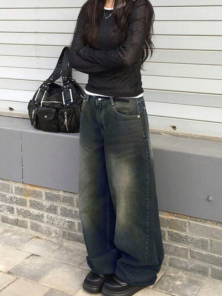 2025 Spring/Autumn Classic Button & Zipper Distressed Long Denim Jeans, Versatile - Blue - View 1