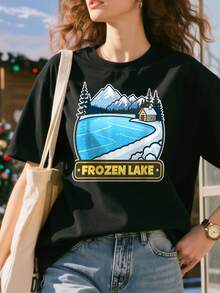 Scenic-Winter-Wonderland-Cabin-By-Frozen-Lake-T-Shirt - 黑色 - 查看 2