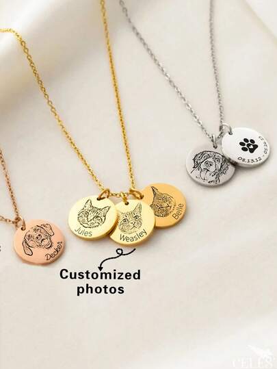 Customized Stainless Steel Pet Photo Pendant Necklace, Personalized Name & Image Pendant Necklace, Special Jewelry Gift For Couples, Suitable For Pets, Cats, Dogs, Perfect Memorial Gift For Beloved Companions, Fashionable, Vibrant Colors, Minimalist, Unisex, Retro, Casual, Punk Customized, Personalized, Unique, Ideal Gift For Him/Her, Mom, Family