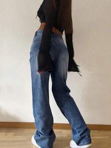 Quần jeans nữ ống đứng dáng rộng, xếp ly, kiểu vintage, thích hợp cho mùa xuân. - Rửa trung bình - Xem 2