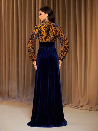 Navy Blue Jacquard Collar Long Sleeve Velvet Patchwork Elegant Party Evening Dress