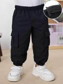 1 pieza Pantalones casuales de unicolor con cintura elástica para niños pequeños, adecuados para usar al aire libre en primavera y otoño