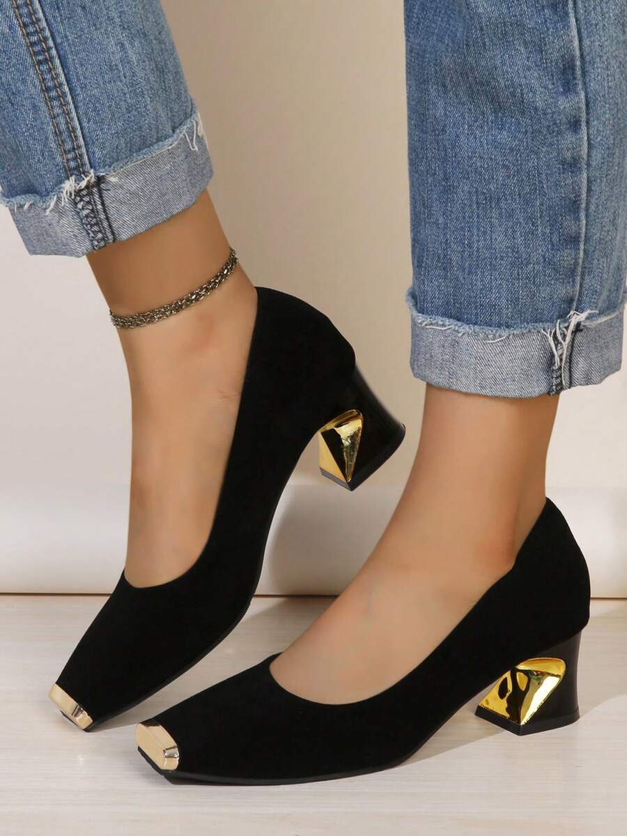 2025 einfarbige modische PU-Leder-Schuhe mit reinem Metall, quadratischer Zehenpartie, für das Büro, ganzjährig - Schwarz - Übersicht 1