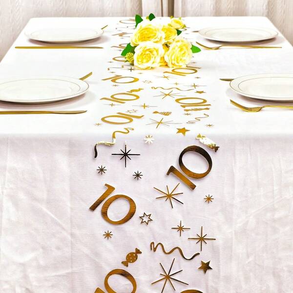 1 rolo de caminho de mesa de tule metálico dourado com números, durável e moderno, adequado para o Natal e outras celebrações de feriados, peça central decorativa para mesas de jantar, feito de poliéster, elegante para aniversários, festas, banquetes e outras ocasiões, série numérica, adequado para aniversários infantis, todas as estações