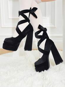 Lace Up Mary Jane Heels For Women Platform Chunky Heeled Shoes Goth Round Toe Y2K High Heels - Black - View 7