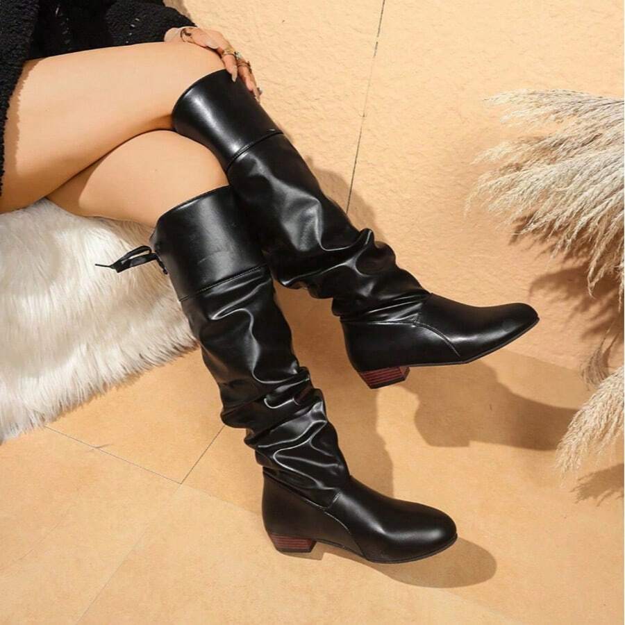 New Style High-Heeled Boots, Flat Thick Soles, Autumn And Winter Women's Boots, Daily Versatile, Comfortable, Wrinkled Plush Long Shoes - Black - View 1