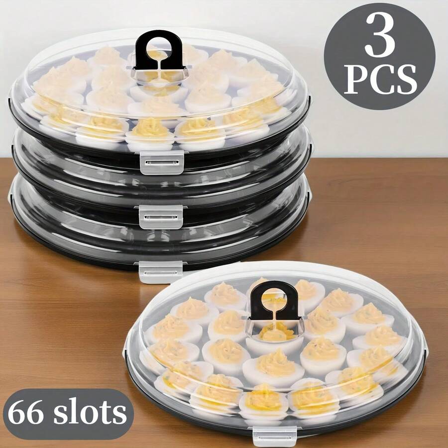SHINDEL 3PCS Deviled Egg Carriers For Kitchen, Black Plastic Round Egg Platters With Lid, 11.8Inch Portable Egg Tray With 66 Slots, For Large Capacity Kitchen Supplies For Valentine's Day, Birthday Party, Family Gatherings, Wedding, Kitchen, Easter, Camping - Black - View 1