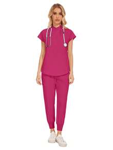 Wholesale Fashion Scrub Suits Dental Hospital Uniform Set Solid Color Surgical Gown Pocket V-Neck Scrubs Sets For Women Joggers Pants Suit - Hot Pink - View 3