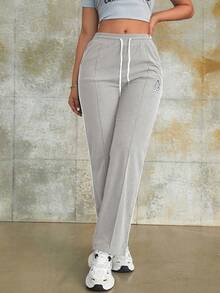 街头风灰色抽绳高腰字母印花灯芯绒直筒口袋裤，休闲舒适秋季女装 - 淺灰色 - 查看 6