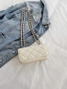 Bolso de mano con cadena de rombos en miniatura, diseño minimalista de bolso bandolera, elegante para ir al trabajo - Beis - Ver 8