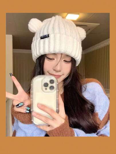 1pc Fashion Versatile Bear Knit Hat For Women, Warm Thick Cute Ear Protection Beanie For Autumn/Winter