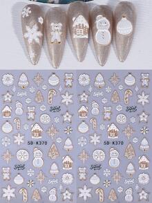 2pcs White Gingerbread Embossed Winter Nail Stickers Christmas Tree Snowman Snowflake Snow House Christmas Ball 5D Cartoon Decals Holiday Nail Slider New Year Gift Manicure Decoration Supplies For Salon DIY