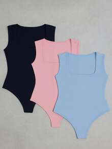 3-Piece Basic Bodysuit, Square Neckline, Wide Straps, Versatile Shapewear, Casual, Suplex, Fashion, Gringa Blogger - 粉紅色-黑色-藍色 - 查看 1
