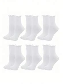 1 Pair/3 Pairs/6 Pairs Japanese Style Ruffle Socks, Cute Women Socks, Fresh Lace Trim Socks, Ruffle Decor Short Socks, White Ruffle Trim Casual Mid-Calf Socks - Multicolor - View 5