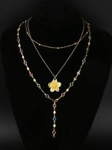2 pièces Pendentif floral minimaliste à la mode, collier Y avec cristaux colorés brillants. Collier superposé pour femmes, convient pour les vacances, les rendez-vous, les fêtes, les festivals, les anniversaires et le port quotidien - Or jaune - Voir 3