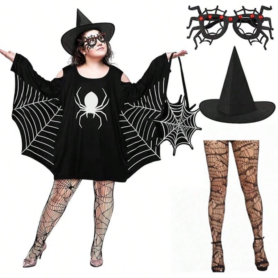 3 sztuki kobiecych kostiumów pająka, akcesoria do kostiumów na bal karnawałowy, akcesoria do kostiumów na Halloween w kształcie czarnego pająka, magiczny kapelusz, okulary pająka, pończochy pająka