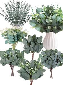 120 piezas Conjunto de tallos de eucalipto mixtos - 6 variedades únicas, hojas de dólar plateadas artificiales realistas para centros de mesa de boda y decoración del hogar, decoraciones navideñas