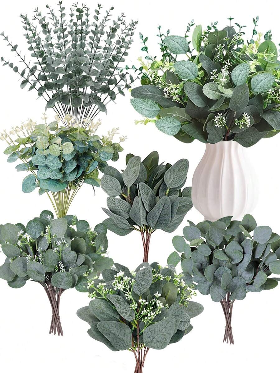 120 piezas Conjunto de tallos de eucalipto mixtos - 6 variedades únicas, hojas de dólar plateadas artificiales realistas para centros de mesa de boda y decoración del hogar, decoraciones navideñas