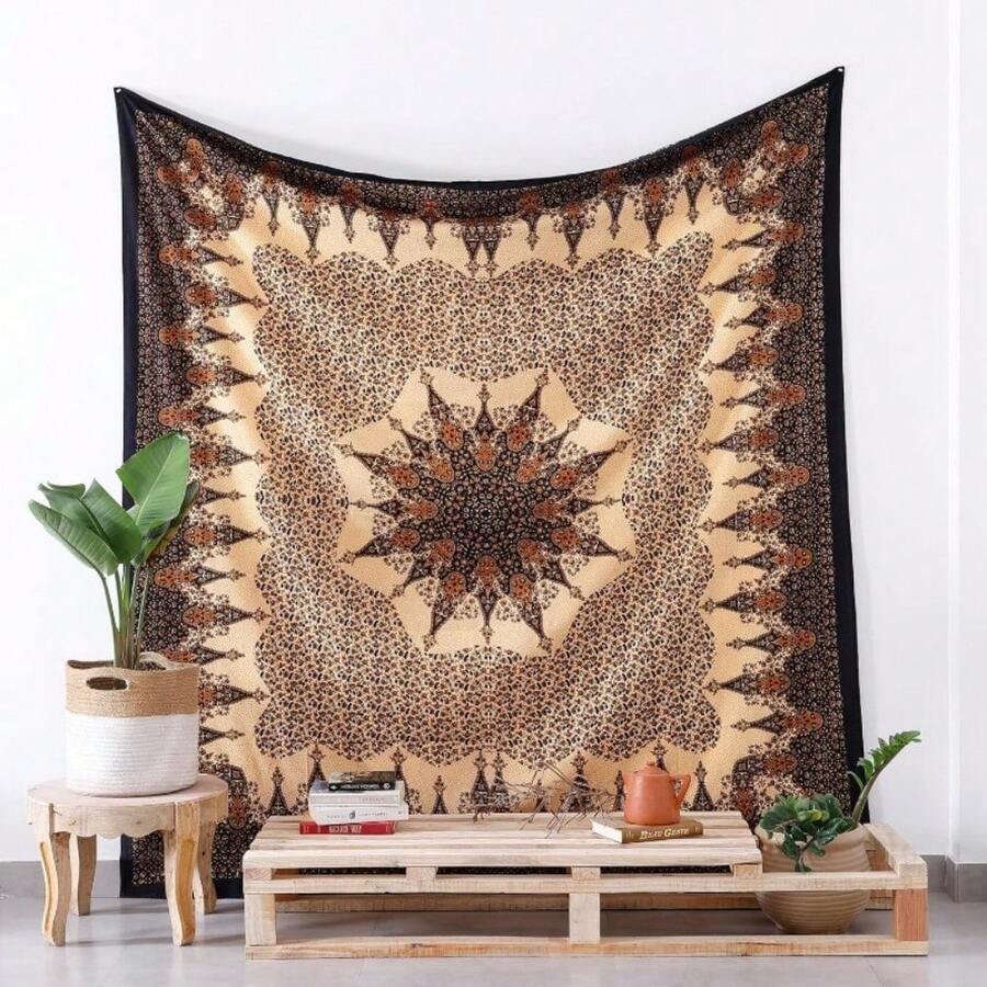 1pc Decorative Tapestry Twin Hippie Mandala Bohemian  Hippy Intricate Floral Design  Tapestry Brown Black, Durable Tapestries | Home Decor | 2D Flat | Room Decor | Festival Decor | Party Decor, Perfect Gift For Family And Boyfriend Or Friends - Kiểu 1 - Xem 1