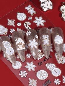 2pcs White Gingerbread Embossed Winter Nail Stickers Christmas Tree Snowman Snowflake Snow House Christmas Ball 5D Cartoon Decals Holiday Nail Slider New Year Gift Manicure Decoration Supplies For Salon DIY