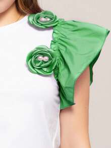Blusa ligera para mujer de moda con olanes y flores 3D en bicolor de estilo casual para uso diario - Verde - Ver 5