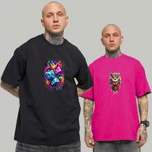 Kit 2 Peças Camisetas Masculinas Camisas Premium Oversized Camisetão Academia Treino Casual Lazer Festa Coruja e Dados Coloridos - Preto/Pink - Visão 1