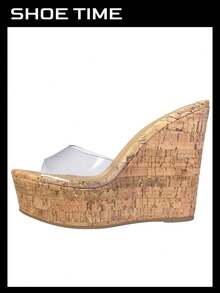 Women's Platform Wedge Slide Sandals – Open Toe Slip-On High Heel Mules With Cork Design - Brown - View 4