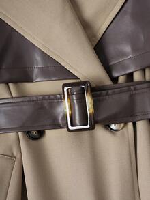 Women's Colorblock Double-Breasted Trench Coat With Contrast Pockets And Belt Spring - Coffee Brown - View 4