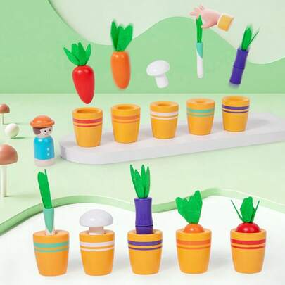 Children's Cute Flower Pot Color Matching Game, Vegetable Size Recognition Cognitive Thinking Training Wooden Educational Toy