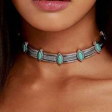 1pc Fashionable Alloy Inlaid Turquoise Vintage Design Necklace, Bohemian Style Resort Personalized Short Choker Luxury Necklace Accessory - Antique Silver - View 12