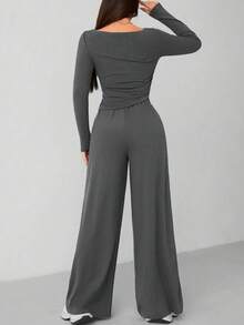 PETITE Autumn And Winter Women's Knitted Slim Top + Wide Leg Pants Casual And Comfortable Home Dark Gray Two Pieces Set, Cozy Outfit, Fall Clothes