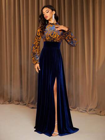 Navy Blue Jacquard Collar Long Sleeve Velvet Patchwork Elegant Party Evening Dress