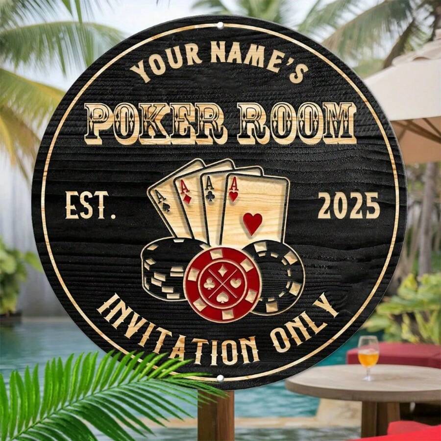 [2D Flat] Personalized Retro "POKER ROOM" Aluminum Sign - Customizable Circular Wall Art, Rustic Vintage Decor - 彩色 - 查看 1