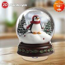 2D Flat, 1pc Rotating Acrylic Snow Globe Desktop Decoration, 2D Flat Christmas Winter Scene With Penguin In Red Scarf & Hat, Snow-Covered Trees & Holly Berries, Indoor/Outdoor Tabletop Decoration, Durable Holiday Decor For Cozy Winter Atmosphere, Festive Home & Garden Ornament - Multicolor - View 2
