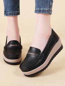 女士时尚厚底压花印花增高百搭厚底一脚蹬休闲鞋 - 黑色 - 查看 4