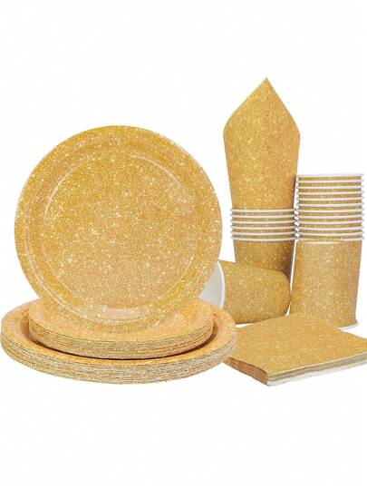 10pcs,20pcs/50pcs/80pcs Glitter Golden Party Supplies Golden Paper Plates Cups Napkins Party Decorations Tableware Set For Golden Themed Happy Birthday Supplies Men Women Anniversary Engagement Wedding Party Favors Christmas New Year Retrieent Decor