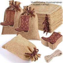 10pcs Western Cowboy Style Linen Bags Set - With Decorative Tags And Jute Ropes, Ideal For Party Decor, Holiday Decorations, Candy Packaging, Jewelry Storage, Small Gift Wrapping, Accessory Organization, And Party Supplies - Multicolor - View 9