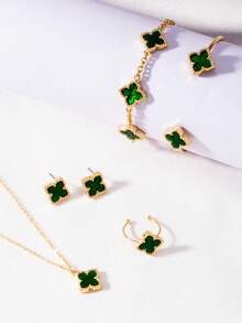 1 Set Elegant Four-Leaf Clover Jewelry Set, Luxurious Lucky Clover Necklace & Bracelet Accessories