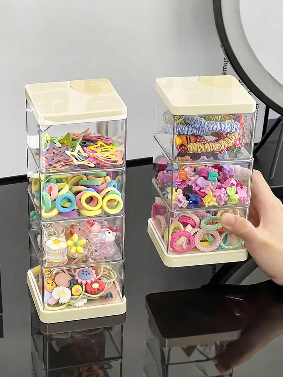 1pc Children's Room Rotating Desktop Storage Box, 2-Layer 3-Compartment Dust-Proof Hair Clip Organizer