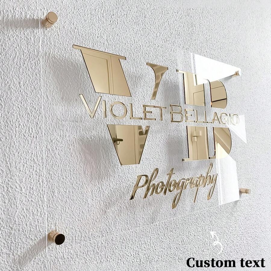 Personalized And Unique Custom Gold Commercial Signage, Transparent Acrylic Background, Inlaid With Gold Decorative Studs, With Mirrored And Shimmering Effects, Suitable For Home Decor.
