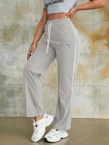 街头风灰色抽绳高腰字母印花灯芯绒直筒口袋裤，休闲舒适秋季女装 - 淺灰色 - 查看 7