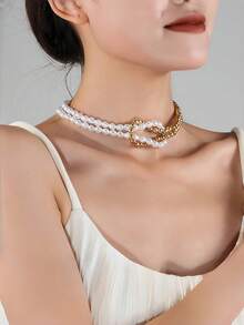 1 pieza Collar versátil y de moda, collar de perlas falsas con nudos en diseño de cruz minimalista, adecuado para fiestas y ocasiones formales