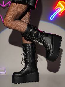 女式圆头朋克金属孔眼系带厚底靴，侧拉链过膝靴，时尚派对装，及膝靴，系带靴，秋季，秋冬 - 黑色 - 查看 5
